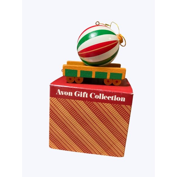 Christmas Train Ornament Car With Striped Ball Decoration Avon Gift Collection - Picture 1 of 11